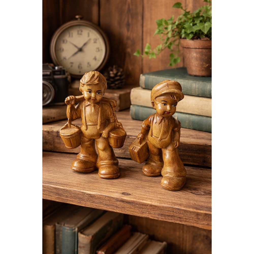 Vintage Hand Carved Wood Boy Figurines Pair Mid Century Folk Art Rustic Decor